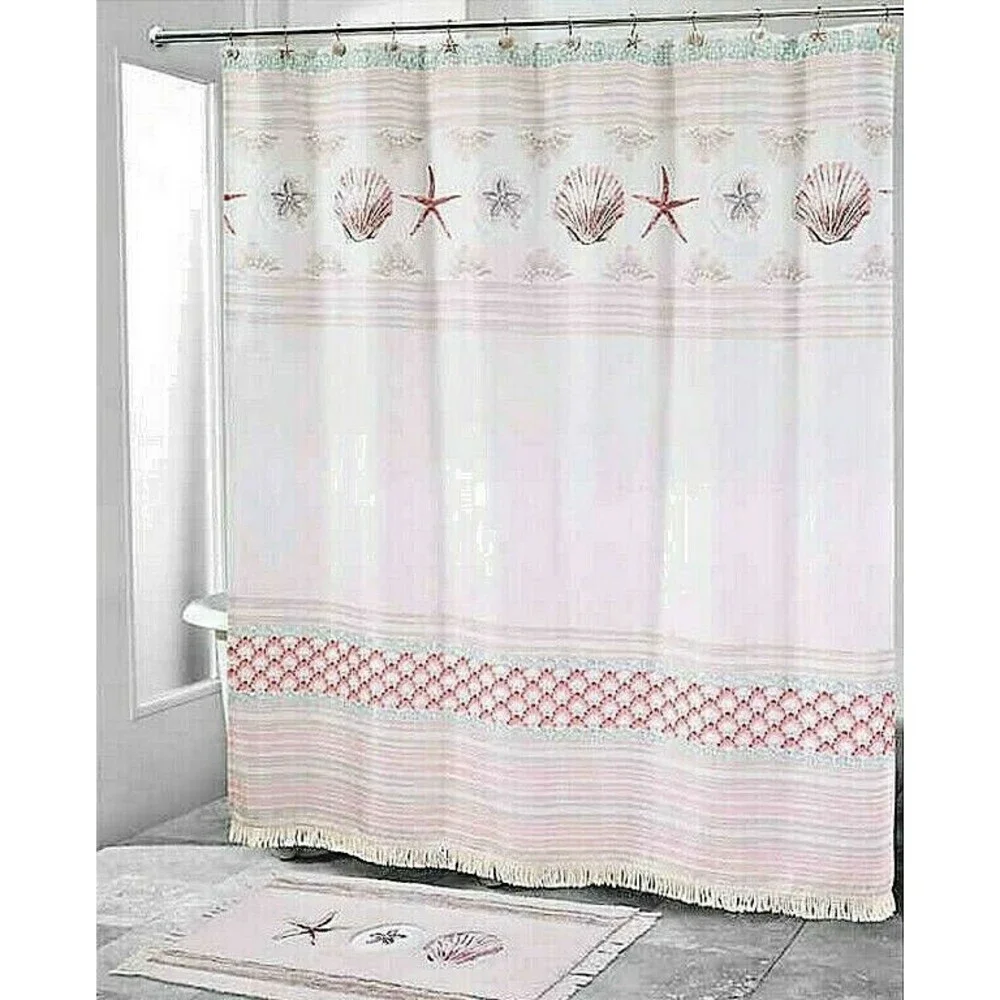 Avanti Coronado Shells Starfish Fabric Shower Curtain 72x72 Fringed Beads Summer